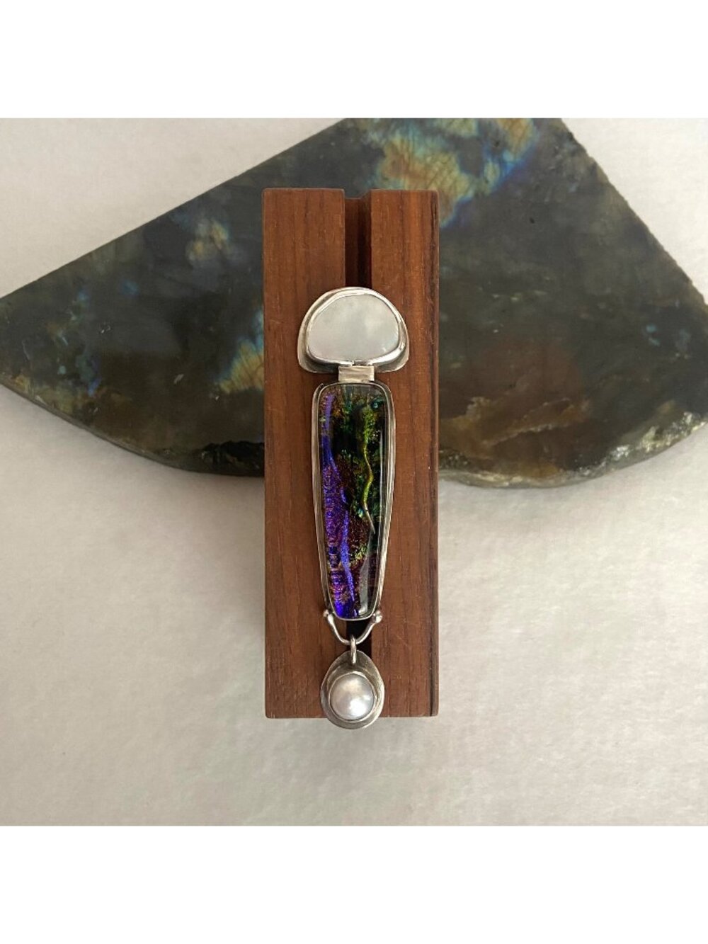 VTG Sterling Silver 925 3" Modernist MOP Dichroic Glass & Pearl Drop Brooch